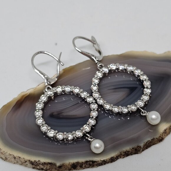 Premier Designs 925 Sterling Silver CZ Crystal Pearl Dangle Earrings Circle - Picture 1 of 12